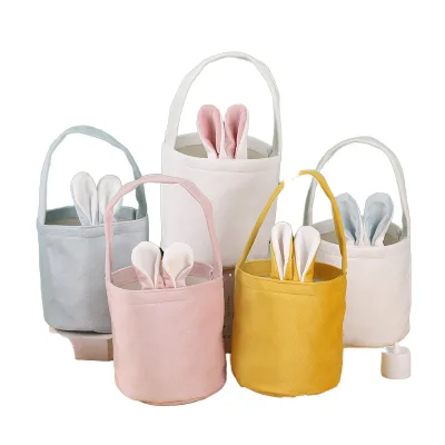 Wholesale Blank Thermal Transfer Printing Retro Cotton Canvas Easter Basket Rabbit Ears Tote Bag Egg Bucket for Kids