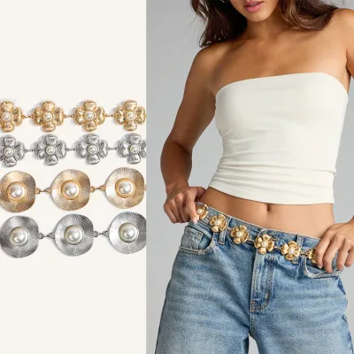Womens Pearl-inlaid Floral Round Metal Waist Chain Lobster Clasp Copper Buckle Versatile Chic Sweet-style Belt Accent Dresses