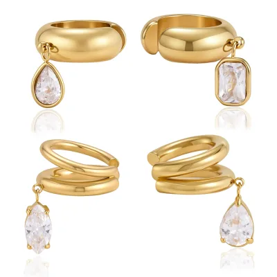Stainless Steel Ear Cartilage Cuffs Gold Plated Cubic Zirconia Drop Earring Non Piercing Clip on Earrings for Women Jewelry