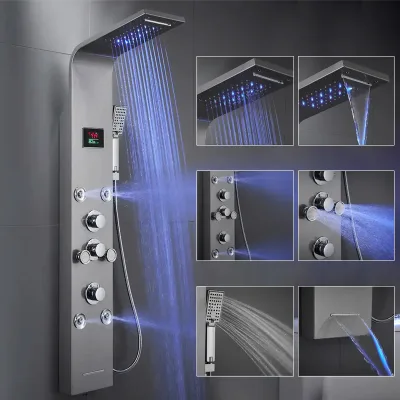 Hot Sell Bathroom Wall Mounted Polished Stainless Steel Thermostatic Waterfall Shower Column LED Shower Panels Jet Rain Spray