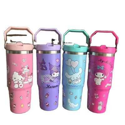 30oz Fashionable Thermos Bottle Adorable Kuromi Cinnamoroll Stainless Steel Water Bottle Tumbler for Girls Exclusive Straw Gift
