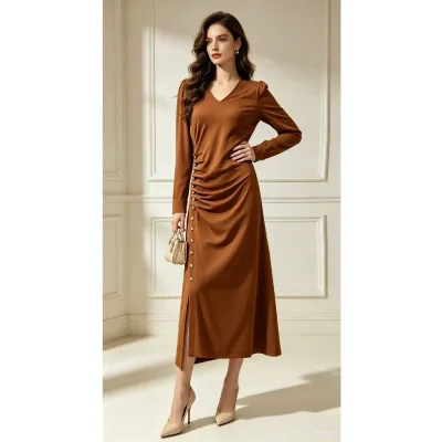 Top Quality New Designer Fashion Autumn Dress 2026 Women Sexy V-Neck Button Deco Long Sleeve Brown Black Pleated Dress Party