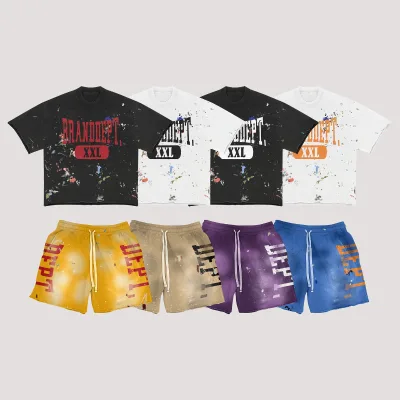 Custom Oversized 100% Cotton T Shirt and Shorts Set DTG Printing Graphic O-neck Drawstring Boxy Outfit T-shirts and Shorts Sets