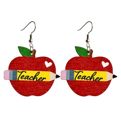 New Fashion Leopard Print Earrings Hoop Wooden apple Shape Earrings for Teacher