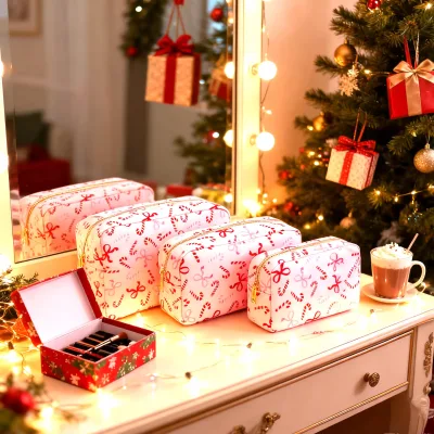 Christmas Pattern Cute Bow Printing Toiletry Nylon Pouch Girls Gift Printed Christmas Travel Essential Cosmetic Bags for Women