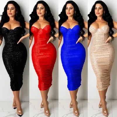 Factory Direct Women Glitter Sequin Ruched Midi Dress Thin Strap Plunge V Back Zipper Slit Hem Bodycon Night Out Dress