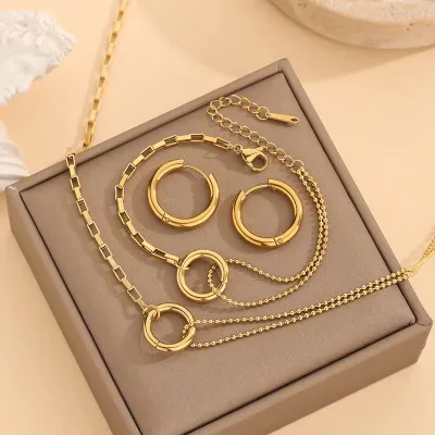 Luxury Styles Stainless Steel Charms Bracelets & Bangles Gold Plated Chain & Link Bracelets Earring Necklace Set for Women