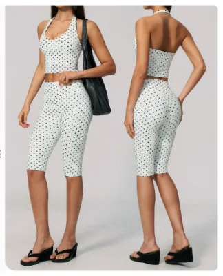 CNSHELL Wholesale Manufacturer Halter Crop Top Capri Leggings Set Women 2 Pieces Polka Dot Prints Gym Workout Outfit Custom Logo