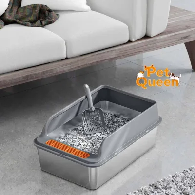 Low Entry Stainless Steel & Plastic Cat Litter Box with Easy Access for Elderly Cats Large Capacity Easy to Clean Pet Toilet