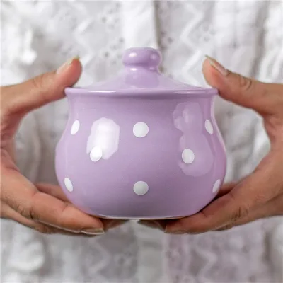 Handmade Violet and White Polka Dot Ceramic Sugar Bowl, Pot With Lid | Pottery Honey Jar, Jam Jar | Housewarming Gift