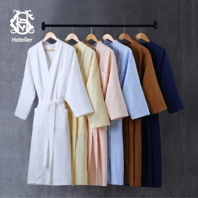 Hotelier Best Selling 100% Cotton Easy Customized Hotel Bath Robe Spa High Quality Winter Hotel Bathrobe Grey Waffle Robe