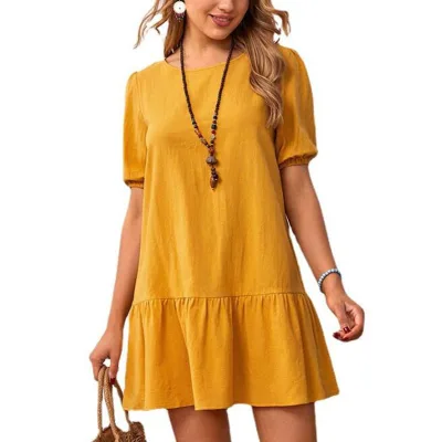 Vintage Casual Cotton Mini Dress Summer Elegant Women Short Sleeve a Line Dresses High Waist Linen Ladies Dress