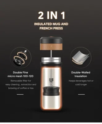 Portable Travel French Press Coffee Cup Food-grade 304 Stainless Steel French Coffee Press With Removeable Filter System