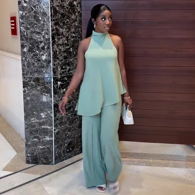 Wholesale Casual Sleeveless Crop Top and Wide Leg Pant Two Piece Set for Women