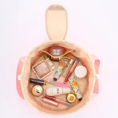 Waterproof Cylinder Satin Cosmetics Organizer with String Portable Cute pink Twill Barrel Drawstring Makeup Travel Bag for Women