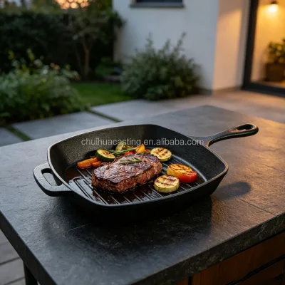 Non Stick Grooved Striped Cast Iron Steak Grill Pan Vegetable Oil Pre-seasoned for Fried Egg BBQ Indoor Outdoor Cooking
