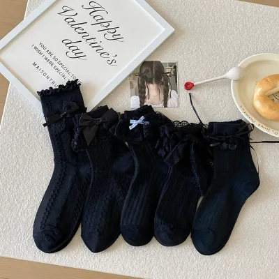 Hot Sales Gentle Style Women'S Socks with Multi-Layer Lace Trim and Ribbon Bows