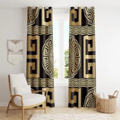 Luxury Royal Baroque Gold & Black Blackout Curtains with Greek Mythology Medusa Head Print, Thermal Insulated Grommet Top Drapes