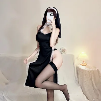 Women's Sexy Lace High Neck Babydoll Dress French Apron Maid Nun Uniform Cosplay Sets for Halloween Role Play Sex Costumes