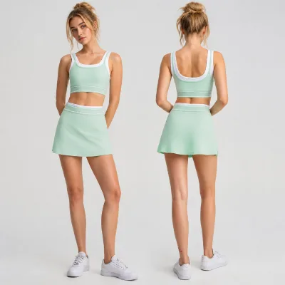 High-quality Women's Color-blocked Breathable Yoga Set, square Neck Sports Bra Top, High-waisted Skirt, 2 Front Pockets