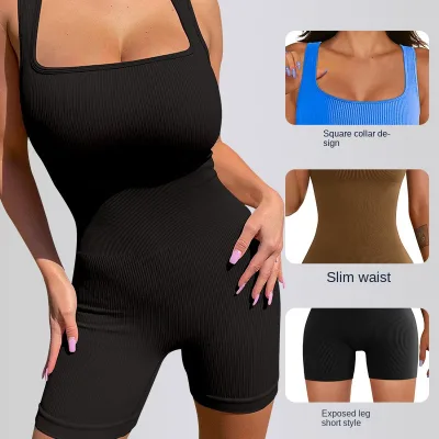 European American Cross-Border Women's Shorts Jumpsuit Detachable Chest Pad Sweat-Wicking Breathable Four-Way Stretch Fitness