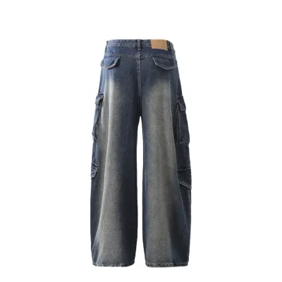 Vintage High Street Style Denim Cargo Pants for Men Oversized Loose Button Mid Waist ODM Washed Y2K Wide Leg for Autumn/Winter