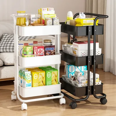 DSH Wholesale With Handle 4 Plastic Wheels 3 Tier Metal Storage Rack Home Cart Storage Carts