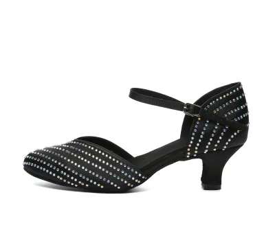 Satin Shiny Rhinestone Latin Dance Shoes for Women 7cm Middle Heel Professional Manufacturer New Modern Dance Shoes