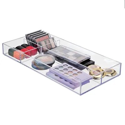 Acrylic Clear Drawer Organizer 2 Pieces Desk Tray with Dividers 4 Section, Acrylic Makeup Tray Divided Drawer Makeup Storage