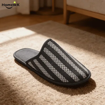 Men's Woven Stripe Closed Toe Indoor Slippers | All Season Anti-Slip | Wholesale 100 Pairs | Textile OEM Factory