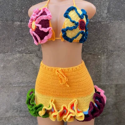 Custom Summer New Fashion European American Sexy Solid Natural Waist A-line Bikini Handmade Lace-up Pattern Embroidery Crochet