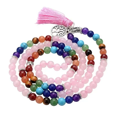 7 Chakra Multilayer Rose Quartz Bracelet Necklace Mala Prayer Beads 108 Meditation Healing Tree Life Tassel Charm Pearl Gift