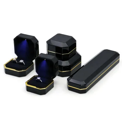 Black Handmade Sharp LED Light Jewelry Packaging Ring Box with Gold Decor Custom LOGO Necklace Pendant Ear Ring Bangle Boxes