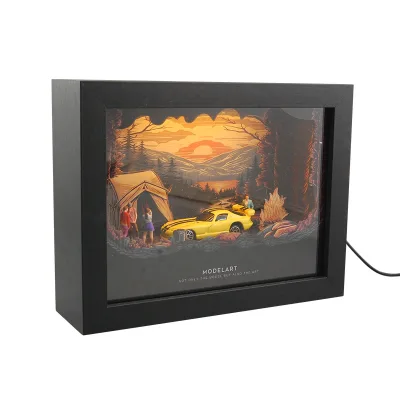 2025-02 1: 64 Tent LED Photo Frame Touch Light Version Wooden Scene Model Furniture Oornament Simulation Car Model Scene