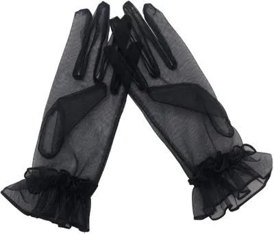 Women's Breathable Ruffled Tulle Mesh Wrist Length Bridal Gloves for Wedding Party Prom Evening