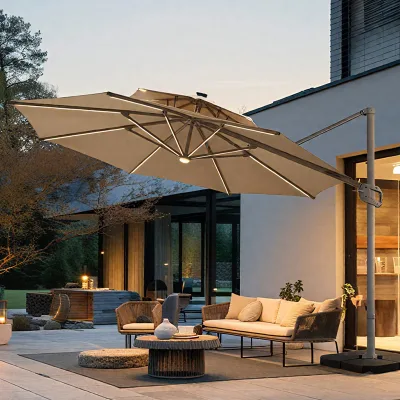 Luxury Modern Foldable 3x4m Sided Pole Cantilever Sun Parasol Waterproof Aluminum Garden Umbrella Outdoor with LED for Hotel