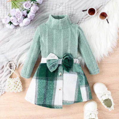 Fall Winter New Korean Toddler Kids Clothes High Neck Long Sleeve T Shirt Plaid Bow Skirt Two Piece Children Girl Sets