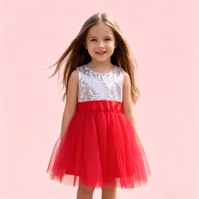 2.65 Dollars YCT126 Sleeveless Kids Princess Dress Sleeveless Top Red Mesh Tutu Skirt Girls Wedding Birthday Party Dresses