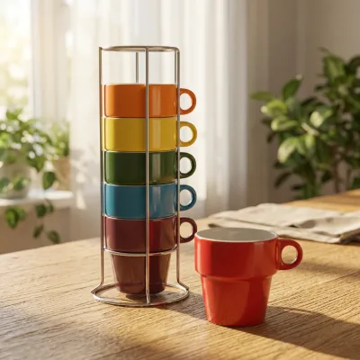 8oz Stacking Coffee Mug Gift Set with Metal Stand, Rainbow Multicolor Hand Glazed Ceramic Stoneware