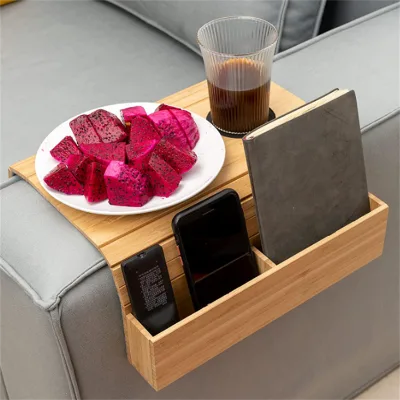 Vintage Style Portable Bamboo Couch Arm Tray Table Foldable Sofa with Drink Holder and Armrest
