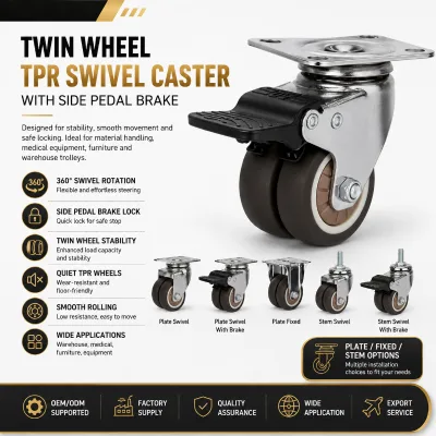 Twin Wheel TPR Swivel Caster With Side Pedal Brake for Warehouse Trolley and Medical Equipment