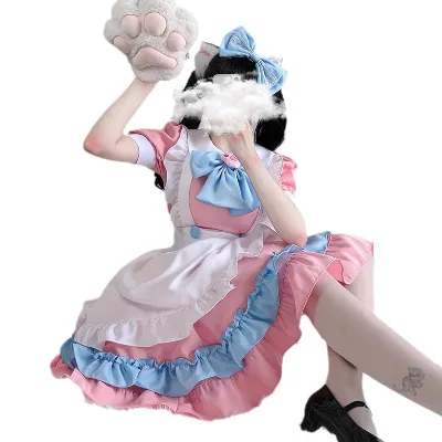 Pink Maid Bow Costume Cute Lolita Dress Soft Girl Cosplay Party Performance Outfit