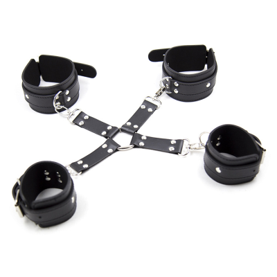 PU Leather Black Bondage Restraint Handcuff and Ankle Cuff Belt Cross for Bdsm Adult Game or Slave Cosplay