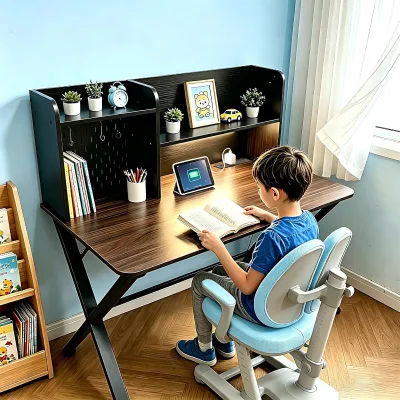 Computer Desk with Motion Sensor Light, Home Office Computer Table with Charging Ports, Modern Study Writing Desk Table
