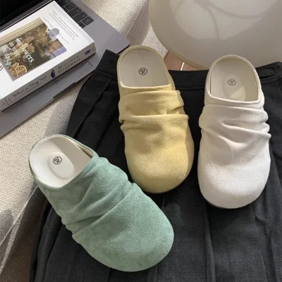 Style Spring Retro Closed-Toe Mules Outdoor Wear Versatile 2026 Women's Casual New Style Slip-On Pleats PU Rubber
