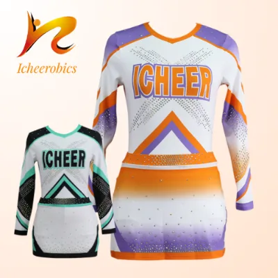 Orange Long Sleeve Wholesale Cheerleading Uniforms Sublimation School Cheerleading Uniform Custom Fabric