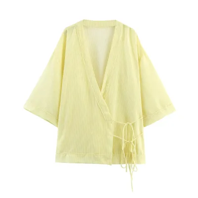 ZATRHMBM Autumn Women's European-American Style Solid Color Long Sleeve V-neck Lace-up Casual Kimono-style Outerwear Cashmere