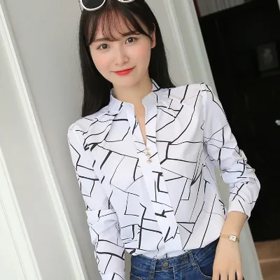 Loose Stripe Stand Collar Blouse Long Sleeve White Female Summer and Autumn New Versatile Casual Shirt Top