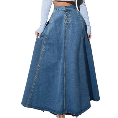 Classic Tight Blue Big Hem A-line Long Denim Skirts