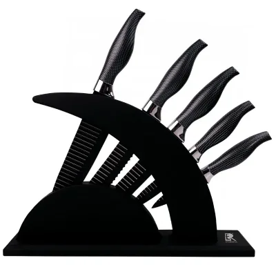 5pcs New Moon Shape Plastic Knife Set with Non-Stick Coating Includes Knife Block